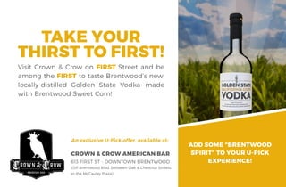 ADDSOME“BRENTWOOD
SPIRIT”TOYOURU-PICK
EXPERIENCE!
VisitCrown&Crow onFIRSTStreetandbe
amongtheFIRSTtotasteBrentwood’snew,
locally-distilled Golden State Vodka--made
withBrentwoodSweetCorn!
TAKEYOUR
THIRSTTOFIRST!
 