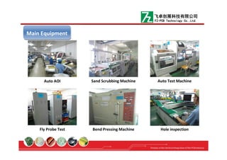 Auto AOI Sand Scrubbing Machine Auto Test Machine
Fly Probe Test Bend Pressing Machine Hole inspection
Main EquipmentMain Equipment
飞卓创展科技有限公司
FZ-PCB Technology Co.,Ltd.
 