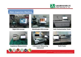 Main Inspection MachineMain Inspection Machine
Ionic Contamination Tester
Impedance Measurement 2 Dimension Measuring
Instrument
RoHS Tester
Digital Microscope Metallurgical Microscope
飞卓创展科技有限公司
FZ-PCB Technology Co.,Ltd.
 