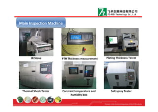 IR Stove PTH Thickness measurement Plating Thickness Tester
Constant temperature and
humidity box
Thermal Shock Tester Salt spray Tester
Main Inspection MachineMain Inspection Machine
飞卓创展科技有限公司
FZ-PCB Technology Co.,Ltd.
 