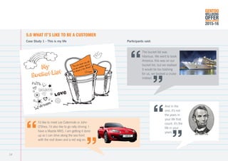 5.0 WHAT IT’S LIKE TO BE A CUSTOMER
Case Study 1 - This is my life
The bucket list was
hilarious. We went to book
America, this was on our
bucket list, but we realised
it would be too trashing
for us, we booked a cruise
instead.
And in the
end, it’s not
the years in
your life that
count. It’s the
life in your
years.
I’d like to meet Lee Catermole or John
O’Shea, I’d also like to go rally driving. I
have a Mazda MX5, I am getting it done
up so I can drive along the sea front
with the roof down and a red wig on.
My
Bucket List C.S. Lewis
“You are never too old
to set another goal or
to dream a new dream.”
Participants said:
GENTOO
WELLBEING
OFFERANNUAL REVIEW
2015-16
24
 