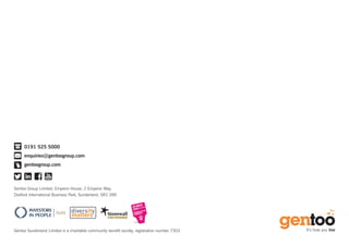 Gentoo Group Limited, Emperor House, 2 Emperor Way,
Doxford International Business Park, Sunderland, SR3 3XR.
0191 525 5000
enquiries@gentoogroup.com
gentoogroup.com
Gentoo Sunderland Limited is a charitable community benefit society, registration number 7303
 