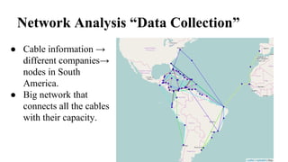 Network Analysis “Data Collection”
● Cable information →
different companies→
nodes in South
America.
● Big network that
connects all the cables
with their capacity.
 
