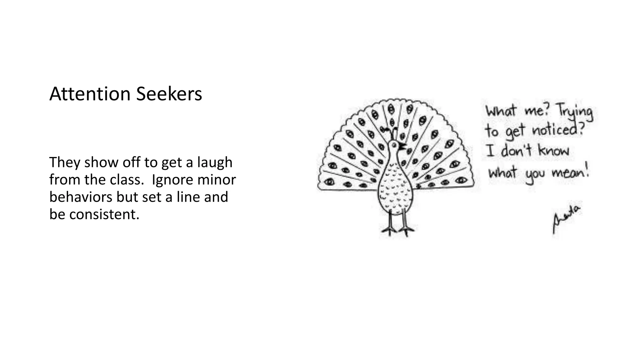 Attention Seekers
They show off to get a laugh
from the class. Ignore minor
behaviors but set a line and
be consistent.
 
