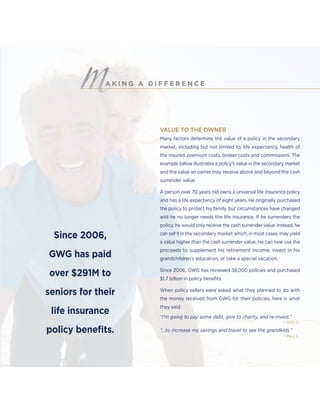 VALUE TO THE OWNER
Many factors determine the value of a policy in the secondary
market, including but not limited to, life expectancy, health of
the insured, premium costs, broker costs and commissions. The
example below illustrates a policy’s value in the secondary market
and the value an owner may receive above and beyond the cash
surrender value.
A person over 70 years old owns a universal life insurance policy
and has a life expectancy of eight years. He originally purchased
the policy to protect his family, but circumstances have changed
and he no longer needs the life insurance. If he surrenders the
policy, he would only receive the cash surrender value. Instead, he
can sell it in the secondary market which, in most cases, may yield
a value higher than the cash surrender value. He can now use the
proceeds to supplement his retirement income, invest in his
grandchildren’s education, or take a special vacation.
Since 2006, GWG has reviewed 38,000 policies and purchased
$1.7 billion in policy beneﬁts.
When policy sellers were asked what they planned to do with
the money received from GWG for their policies, here is what
they said:
“I’m going to pay some debt, give to charity, and re-invest.”
– John D.
“…to increase my savings and travel to see the grandkids.”
– Mary L.
Since 2006,
GWG has paid
over $291M to
seniors for their
life insurance
policy beneﬁts.
A K I N G A D I F F E R E N C E
 