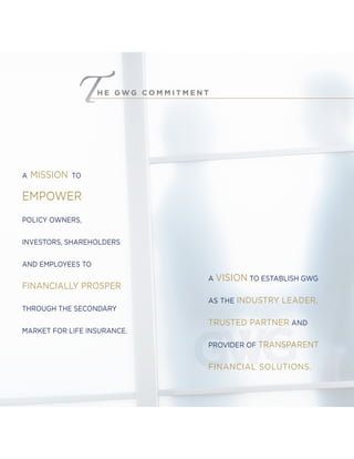 A VISION TO ESTABLISH GWG
AS THE INDUSTRY LEADER,
TRUSTED PARTNER AND
PROVIDER OF TRANSPARENT
FINANCIAL SOLUTIONS.
H E G W G C O M M I T M E N T
A MISSION TO
EMPOWER
POLICY OWNERS,
INVESTORS, SHAREHOLDERS
AND EMPLOYEES TO
FINANCIALLY PROSPER
THROUGH THE SECONDARY
MARKET FOR LIFE INSURANCE.
 