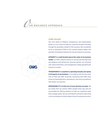 U R B U S I N E S S A P P R O A C H
CORE VALUES
Our core values of integrity, transparency, and responsibility
guide us in our mission to help our customers prosper ﬁnancially
through the secondary market for life insurance. We consistently
strive to distinguish GWG as the trusted industry leader and
provider of transparent solutions by how we conduct our business.
INTEGRITY is a multi-faceted value at the center of our business
model. For GWG, integrity means our services are provided with
due diligence and disclosures, ﬁnancial partners are informed
with useful information, and management creates goodwill with
everyone involved.
TRANSPARENCY is essential to operating honestly and openly
in all aspects of our business. In accordance with the Securities
Acts of 1933 and 1934, all parties interacting with GWG have
access to meaningful facts, assumptions, risks and circumstances
that impact our business.
RESPONSIBILITY is at the core of every decision we make. We
are aware that our actions affect people every day and are
accountable for offering solutions to help our customers meet
their strategic goals. We are committed to doing the right thing
in all circumstances to build a better future for everyone we serve.
 