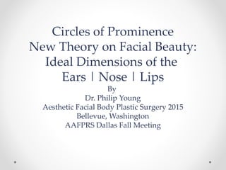 Circles of Prominence
New Theory on Facial Beauty:
Ideal Dimensions of the
Ears | Nose | Lips
By
Dr. Philip Young
Aesthetic Facial Body Plastic Surgery 2015
Bellevue, Washington
AAFPRS Dallas Fall Meeting
 