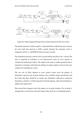 BLOCK DIAGRAM AND SIMULATION CHAPTER 8
Figure 8.6: Block diagram PD type Fuzzy Control System for DC servo motor
The default numerical solution ode45 i.e. Dormand Prince method may lack accuracy
for such small time intervals as 0.001 seconds, therefore the automatic solver is
changed to ode15s i.e. stiff/NDF for better accuracy in result.
The simulation start time is taken to be 0 second and the stop time to be 1 second. The
error is imported to workspace as one dimensional vector for error analysis to
calculate the performance indices. The output to the scope is another parameter that is
imported to workspace, that helps the plotting of output response, however the array
contains two simultaneous vectors.
The two sets of block diagram in every control system serve the purpose of
disturbance rejection and set-point tracking. The controller design specification had
the criteria that there should be no steady state disturbance subjected to continuous
disturbance, and that is verified using the first block diagram, where the disturbance is
added in the output itself.
The second block diagram serves the purpose of set point tracking. The set point is
changed after a certain time, when the output settles down for a considerable period.
34
 