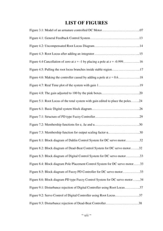~ viii ~
LIST OF FIGURES
Figure 3.1: Model of an armature controlled DC Motor……………………………..07
Figure 4.1: General Feedback Control System………………………………………13
Figure 4.2: Uncompensated Root Locus Diagram…………………………………...14
Figure 4.3: Root Locus after adding an integrator…………………………………...15
Figure 4.4 Cancellation of zero at z = -1 by placing a pole at z = -0.999……………16
Figure 4.5: Pulling the root locus branches inside stable region……………………..17
Figure 4.6: Making the controller causal by adding a pole at z = 0.6………………..18
Figure 4.7: Real Time plot of the system with gain 1………………………………..19
Figure 4.8: The gain adjusted to 100 by the pink boxes……………………………..20
Figure 5.1: Root Locus of the total system with gain edited to place the poles……..24
Figure 6.1: Basic Digital system block diagram……………………………………..26
Figure 7.1: Structure of PD type Fuzzy Controller…………………………………..29
Figure 7.2: Membership functions for e, Δe and u…………………………………..30
Figure 7.3: Membership function for output scaling factor α………………………..30
Figure 8.1: Block diagram of Dahlin Control System for DC servo motor………….32
Figure 8.2: Block diagram of Dead-Beat Control System for DC servo motor……..32
Figure 8.3: Block diagram of Digital Control System for DC servo motor………….33
Figure 8.4: Block diagram Pole Placement Control System for DC servo motor……33
Figure 8.5: Block diagram of Fuzzy PD Controller for DC servo motor…………….33
Figure 8.6: Block diagram PD type Fuzzy Control System for DC servo motor….....34
Figure 9.1: Disturbance rejection of Digital Controller using Root Locus…………..37
Figure 9.2: Servo Control of Digital Controller using Root Locus………………….37
Figure 9.3: Disturbance rejection of Dead-Beat Controller…………………………38
 