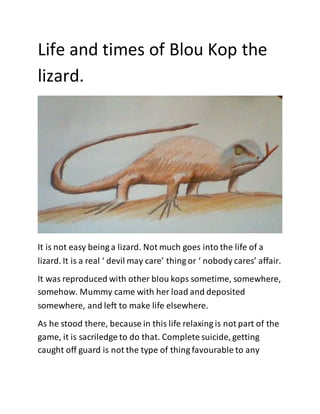 Life and times of Blou Kop the
lizard.
It is not easy being a lizard. Not much goes into the life of a
lizard. It is a real ‘ devil may care’ thing or ‘ nobody cares’ affair.
It was reproduced with other blou kops sometime, somewhere,
somehow. Mummy came with her load and deposited
somewhere, and left to make life elsewhere.
As he stood there, because in this life relaxing is not part of the
game, it is sacriledge to do that. Complete suicide, getting
caught off guard is not the type of thing favourable to any
 