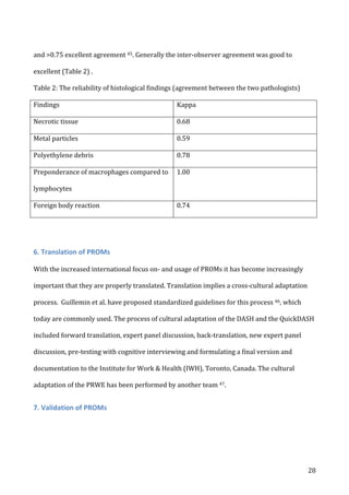   28	
  
and	
  >0.75	
  excellent	
  agreement	
  45.	
  Generally	
  the	
  inter-­‐observer	
  agreement	
  was	
  good	
  to	
  
excellent	
  (Table	
  2)	
  .	
  
Table	
  2:	
  The	
  reliability	
  of	
  histological	
  findings	
  (agreement	
  between	
  the	
  two	
  pathologists)	
  
Findings	
   Kappa	
  
Necrotic	
  tissue	
   0.68	
  
Metal	
  particles	
   0.59	
  
Polyethylene	
  debris	
   0.78	
  
Preponderance	
  of	
  macrophages	
  compared	
  to	
  
lymphocytes	
  
1.00	
  
Foreign	
  body	
  reaction	
  	
   0.74	
  
	
  
	
  
6.	
  Translation	
  of	
  PROMs	
  
	
  
With	
  the	
  increased	
  international	
  focus	
  on-­‐	
  and	
  usage	
  of	
  PROMs	
  it	
  has	
  become	
  increasingly	
  
important	
  that	
  they	
  are	
  properly	
  translated.	
  Translation	
  implies	
  a	
  cross-­‐cultural	
  adaptation	
  
process.	
  	
  Guillemin	
  et	
  al.	
  have	
  proposed	
  standardized	
  guidelines	
  for	
  this	
  process	
  46,	
  which	
  
today	
  are	
  commonly	
  used.	
  The	
  process	
  of	
  cultural	
  adaptation	
  of	
  the	
  DASH	
  and	
  the	
  QuickDASH	
  
included	
  forward	
  translation,	
  expert	
  panel	
  discussion,	
  back-­‐translation,	
  new	
  expert	
  panel	
  
discussion,	
  pre-­‐testing	
  with	
  cognitive	
  interviewing	
  and	
  formulating	
  a	
  final	
  version	
  and	
  
documentation	
  to	
  the	
  Institute	
  for	
  Work	
  &	
  Health	
  (IWH),	
  Toronto,	
  Canada.	
  The	
  cultural	
  
adaptation	
  of	
  the	
  PRWE	
  has	
  been	
  performed	
  by	
  another	
  team	
  47.	
  
7.	
  Validation	
  of	
  PROMs	
  
	
  
 