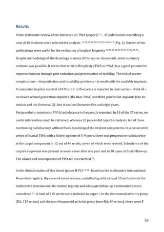   30	
  
Results	
  	
  
	
  
In	
  the	
  systematic	
  review	
  of	
  the	
  literature	
  on	
  TWA	
  (paper	
  I)	
  11	
  ,	
  37	
  publications	
  describing	
  a	
  
total	
  of	
  18	
  implants	
  were	
  selected	
  for	
  analysis	
  	
  12,25,27,28,30,32,33,35-­‐39,48-­‐72	
  (Fig.	
  1).	
  Sixteen	
  of	
  the	
  
publications	
  were	
  useful	
  for	
  the	
  evaluation	
  of	
  implant	
  longevity	
  12,25-­‐27,30,35-­‐39,51-­‐53,62,71-­‐73.	
  
Despite	
  methodological	
  shortcomings	
  in	
  many	
  of	
  the	
  source	
  documents,	
  some	
  summary	
  
estimate	
  was	
  possible.	
  It	
  seems	
  that	
  wrist	
  arthroplasty	
  (TWA	
  or	
  PWA)	
  has	
  a	
  good	
  potential	
  to	
  
improve	
  function	
  through	
  pain	
  reduction	
  and	
  preservation	
  of	
  mobility.	
  The	
  risk	
  of	
  severe	
  
complications	
  –	
  deep	
  infection	
  and	
  instability	
  problems	
  –	
  is	
  small	
  with	
  the	
  available	
  implants.	
  
A	
  cumulated	
  implant	
  survival	
  of	
  0.9	
  to	
  1.0	
  	
  at	
  five	
  years	
  is	
  reported	
  in	
  most	
  series	
  –	
  if	
  not	
  all	
  –
on	
  newer	
  second	
  generation	
  implants	
  (the	
  Biax	
  TWA)	
  and	
  third	
  generation	
  implants	
  (the	
  Re-­‐
motion	
  and	
  the	
  Universal	
  2)	
  ,	
  but	
  it	
  declined	
  between	
  five	
  and	
  eight	
  years.	
  	
  
Periprosthetic	
  osteolysis	
  (PPO)/radiolucency	
  is	
  frequently	
  reported:	
  In	
  13	
  of	
  the	
  37	
  series,	
  no	
  
useful	
  information	
  could	
  be	
  retrieved,	
  whereas	
  20	
  papers	
  did	
  report	
  osteolysis,	
  ten	
  of	
  these	
  
mentioning	
  radiolucency	
  without	
  frank	
  loosening	
  of	
  the	
  implant	
  components.	
  In	
  a	
  consecutive	
  
series	
  of	
  Biaxial	
  TWA	
  with	
  a	
  follow-­‐up	
  time	
  of	
  5-­‐9	
  years,	
  there	
  was	
  progressive	
  radiolucency	
  
at	
  the	
  carpal	
  component	
  in	
  12	
  out	
  of	
  46	
  wrists,	
  seven	
  of	
  which	
  were	
  revised.	
  Subsidence	
  of	
  the	
  
carpal	
  component	
  was	
  present	
  in	
  seven	
  cases	
  after	
  one	
  year	
  and	
  in	
  20	
  cases	
  at	
  final	
  follow-­‐up.	
  
The	
  causes	
  and	
  consequences	
  of	
  PPO	
  are	
  not	
  clarified	
  25.	
  
	
  
In	
  the	
  clinical	
  studies	
  of	
  this	
  thesis	
  (paper	
  II-­‐IV)	
  12-­‐14	
  ,	
  based	
  on	
  the	
  multicentre	
  international	
  
Re-­‐motion	
  registry,	
  the	
  cases	
  of	
  seven	
  centres,	
  contributing	
  with	
  at	
  least	
  15	
  inclusions	
  in	
  the	
  
multicentre	
  international	
  Re-­‐motion	
  registry	
  and	
  adequate	
  follow-­‐up	
  examinations,	
  were	
  
considered	
  12.	
  A	
  total	
  of	
  215	
  wrists	
  were	
  included	
  in	
  paper	
  I.	
  In	
  the	
  rheumatoid	
  arthritis	
  group	
  
(RA;	
  129	
  wrists)	
  and	
  the	
  non	
  rheumatoid	
  arthritis	
  group	
  (non-­‐RA;	
  86	
  wrists),	
  there	
  were	
  5	
  
 