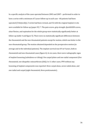   36	
  
In	
  a	
  specific	
  analysis	
  of	
  the	
  cases	
  operated	
  between	
  2003	
  and	
  2007	
  –	
  performed	
  in	
  order	
  to	
  
have	
  a	
  series	
  with	
  a	
  minimum	
  of	
  5	
  years	
  follow-­‐up	
  in	
  each	
  case	
  -­‐	
  60	
  patients	
  had	
  been	
  
operated	
  (5	
  bilaterally),	
  5	
  wrists	
  had	
  been	
  revised,	
  and	
  52	
  with	
  the	
  original	
  implant	
  in	
  situ	
  
were	
  available	
  for	
  follow-­‐up	
  (paper	
  IV)	
  14.	
  The	
  pain	
  scores,	
  grip	
  strength,	
  QuickDASH	
  scores,	
  
ulnar	
  flexion,	
  and	
  supination	
  for	
  the	
  whole	
  group	
  were	
  statistically	
  significantly	
  better	
  at	
  
follow-­‐up	
  (table	
  4	
  and	
  figure	
  5).	
  There	
  were	
  no	
  statistically	
  significant	
  differences	
  between	
  
the	
  rheumatoid	
  and	
  the	
  non-­‐rheumatoid	
  patients	
  except	
  for	
  motion,	
  which	
  was	
  better	
  in	
  the	
  
non-­‐rheumatoid	
  group.	
  The	
  motion	
  obtained	
  depended	
  on	
  the	
  preoperative	
  motion	
  (in	
  
average	
  and	
  in	
  the	
  individual	
  patients).	
  The	
  implant	
  survival	
  was	
  0.9	
  at	
  9	
  years,	
  both	
  in	
  
rheumatoid	
  and	
  non-­‐rheumatoid	
  cases	
  (figure	
  6).	
  In	
  six	
  cases,	
  there	
  were	
  radiographic	
  signs	
  
of	
  implant	
  loosening	
  (subsidence	
  or	
  tilting):	
  five	
  carpal	
  plates	
  and	
  one	
  radial	
  component	
  (five	
  
rheumatoid,	
  one	
  idiopathic	
  osteoarthrosis	
  (OA)).	
  In	
  11	
  other	
  cases,	
  PPO	
  without	
  any	
  
loosening	
  of	
  implant	
  components	
  was	
  reported:	
  three	
  carpal	
  alone,	
  seven	
  radial	
  alone,	
  and	
  
one	
  radial	
  and	
  carpal	
  (eight	
  rheumatoid,	
  three	
  posttraumatic).	
  	
  
	
  
	
   	
  
 