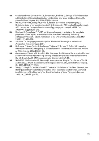   75	
  
84.	
   van	
  Schoonhoven	
  J,	
  Fernandez	
  DL,	
  Bowers	
  WH,	
  Herbert	
  TJ.	
  Salvage	
  of	
  failed	
  resection	
  
arthroplasties	
  of	
  the	
  distal	
  radioulnar	
  joint	
  using	
  a	
  new	
  ulnar	
  head	
  prosthesis.	
  The	
  
Journal	
  of	
  hand	
  surgery.	
  May	
  2000;25(3):438-­‐446.	
  
85.	
   Dalat	
  F,	
  Barnoud	
  R,	
  Fessy	
  MH,	
  Besse	
  JL,	
  French	
  Association	
  of	
  Foot	
  Surgery	
  A.	
  
Histologic	
  study	
  of	
  periprosthetic	
  osteolytic	
  lesions	
  after	
  AES	
  total	
  ankle	
  replacement.	
  
A	
  22	
  case	
  series.	
  Orthopaedics	
  &	
  traumatology,	
  surgery	
  &	
  research	
  :	
  OTSR.	
  Oct	
  
2013;99(6	
  Suppl):S285-­‐295.	
  
86.	
   Skoglund	
  B,	
  Aspenberg	
  P.	
  PMMA	
  particles	
  and	
  pressure-­‐-­‐a	
  study	
  of	
  the	
  osteolytic	
  
properties	
  of	
  two	
  agents	
  proposed	
  to	
  cause	
  prosthetic	
  loosening.	
  Journal	
  of	
  
orthopaedic	
  research	
  :	
  official	
  publication	
  of	
  the	
  Orthopaedic	
  Research	
  Society.	
  Mar	
  
2003;21(2):196-­‐201.	
  
87.	
   Albanese	
  CV.	
  Imaging	
  of	
  Prosthetic	
  Joints.	
  A	
  combined	
  Radiological	
  and	
  Clinical	
  
Perspective.	
  Milan:	
  Springer;	
  2014.	
  
88.	
   Bellemère	
  P,	
  Maes-­‐Clavier	
  C,	
  Loubersac	
  T,	
  Gaisne	
  E,	
  Kerjean	
  Y,	
  Collon	
  S.	
  Pyrocarbon	
  
Interposition	
  Wrist	
  Arthroplasty	
  in	
  the	
  Treatment	
  of	
  Failed	
  Wrist	
  Procedures.	
  Journal	
  
of	
  Wrist	
  Surgery.	
  2012;1(1):31-­‐38.	
  
89.	
   Gummesson	
  C,	
  Ward	
  MM,	
  Atroshi	
  I.	
  The	
  shortened	
  disabilities	
  of	
  the	
  arm,	
  shoulder	
  and	
  
hand	
  questionnaire	
  (QuickDASH):	
  validity	
  and	
  reliability	
  based	
  on	
  responses	
  within	
  
the	
  full-­‐length	
  DASH.	
  BMC	
  musculoskeletal	
  disorders.	
  2006;7:44.	
  
90.	
   Niekel	
  MC,	
  Lindenhovius	
  AL,	
  Watson	
  JB,	
  Vranceanu	
  AM,	
  Ring	
  D.	
  Correlation	
  of	
  DASH	
  
and	
  QuickDASH	
  with	
  measures	
  of	
  psychological	
  distress.	
  The	
  Journal	
  of	
  hand	
  surgery.	
  
Oct	
  2009;34(8):1499-­‐1505.	
  
91.	
   Wong	
  JY,	
  Fung	
  BK,	
  Chu	
  MM,	
  Chan	
  RK.	
  The	
  use	
  of	
  Disabilities	
  of	
  the	
  Arm,	
  Shoulder,	
  and	
  
Hand	
  Questionnaire	
  in	
  rehabilitation	
  after	
  acute	
  traumatic	
  hand	
  injuries.	
  Journal	
  of	
  
hand	
  therapy	
  :	
  official	
  journal	
  of	
  the	
  American	
  Society	
  of	
  Hand	
  Therapists.	
  Jan-­‐Mar	
  
2007;20(1):49-­‐55;	
  quiz	
  56.	
  
	
   	
  
 