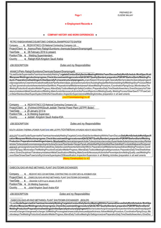.
PREPARED BY:
Page 1 EUGENE MALAAY
● Employment Records ●
● COMPANY HISTORY AND WORK EXPERIENCES ●
PETRO RABIGH/ARAMCO/SUMITOMO CHEMICAL/SNAMPROGITTE/SAIPEM
Company : REZAYAT/NCC-CD-National Contracting Company Ltd.
Project/Client : Aramco/Petro Rabigh/Sumitomo chemicals/Saipem/Snamprogetti
Year/Date : 08 February 2016 to present
Position/Title : Welding Superintendent
Country : Rabigh-KSA-Kingdom Saudi Arabia
JOB DESCRIPTION: Duties and my Responsibilities
ARAMCO/Petro Rabigh/SumitomoChemicals/Saipem/Snamprogetti
ToLeadGuide/SupervisethisTeamtoachievedailyWeldingTargetstoConductDailySectionMeetingWiththisTeam/DiscussDailyWorkSchedule.WorkSpecificati
/ManpowerWeldingproductionprogress.Check/discusstoweldingprocedureQA/QCNDTQualityStandard,preparationPQR/WPSbeforeStartofWeldingPro
ductn.PreparationinallweldingactivitiesSpeciallyFurnace/structural/pipingwork,projectSaipem/Snamprogetti,SpeciallyMechanicalworksSpeciallypipingwork
s/IgivssignedtomyCrawintheirlocatedAreaModulePipeRacktieinofpipe,/givenjobtomyworkers/Assistingthepipefitterthetackwelding/fullWeldingofanyProcessofWedi
ngTask,/givneinstructiontotheworkerbeforeStartWork,/PreparationinallWeldamentsareasFollowsWeldingProcedure,/CoordinationPipingGroup,/MonitoralwysThe
WeldingProductionEvaluationWelderProgress,/AttendDailyToolboxMeetingforSafetyCondition,/PreparationDailyTimeSheettotheworkers,GivenDiscipary/notToler
ateanymistakesinMetalClassificationofWelding,MakeSuredoNecessaryActiontothePreventRejectionofWeldingQuality,WeldingProcess/Gtaw/Saw/STT/FcawCarb
onSteel/StainlessSteel/SuperDuplex2209/otherClassification,/inspectionSupervisioninallWeldingActivities,/preparation in all weld aments.
(PR-2 Commissioning) Co. #1
Company : REZAYAT/NCC-CD-National Contracting Company Ltd.
Project/Client : (Fichtner)/(HHI)South.Jeddah Thermal Power Plant (JSTPP) Boiler)
Year/Date : 28 January 2015 to
Position/Title : Sr,Welding Supervisor
Country : Jeddah -Kingdom Saudi Arabia-KSA
JOB DESCRIPTION: Duties and my Responsibilities
SOUTH JEDDAH THERMA LPOWER PLANT2640 MW (JSTPP) FICHTNER/(HHI )HYUNDAI HEAVYI NDUSTRIES
(BOILER)ToLead/Guide/SupervisethisTeamtoachievedailyWeldingTargetstoConductDailySectionMeetingWiththisTeam/DiscussDailyWorkScheduleWorkSpecifi
cation/ManpowerWeldiuctionprogress.Check/discusstoweldingprocedureandQA/QCNDTQualityStandard,preparationPQR/WPSbeforeStartofWelding
Production.Preparationinallweldingactvipeciy,Structural/Mechanical/pipingwork/boilerTubes/primary/secondarySuperHeater/tube/primary/secondary/ReHea
tertube/TertiarytubeEconomizerangucting/er/turbine/furnace/PipeHeader/HangerPanelLeftSideWall/RightSideWall/RearSideWall/FrontsideWallpanel/Roofpanel/
piperack/,genassignetomyworkerintherlocatedArea,DailydiscusstotheworkerbeforeStartWork,PreparationinallWeldamentsareasfollowsWeldingProcedure,Coordi
nationPipingup,/MontoralaysTheWeldingProuctionEvaluationWelderProgress,/AttendDailyToolboxMeetingforsafetyprocedure,PreparationDailyTimeSheettothew
orkers,IGivenDisciplinaotTolerateanymistakesinMetalClassficationofWelding,MakeSure/doNecessaryActiontothePreventejectionofeldingQuality,usedWeldingPro
cess/Gtaw/Smaw/Saw/Fcaw/cs/s/lloy/chromeSuperduplex2209oassification,/inspection/Supervision in all Welding Activities,/preparation in all weld aments.
(Heavy Construction) Co. # 2
(SABIC)OIL/GAS-AR-RAZI METHANOL PLANT SHUTDOWN EXCHANGER,
Company : REZAYAT-NCC.CD=NATIONAL CONTRACTING CO.CONT,DEV.AL-KHOBAR–KSA
Project/Client : (SABIC)OIL/GAS-AR-RAZI METHANOL PLANT SHUTDOWN EXCHANGER,
Year/Date : December 4,2014 up to January 25 2015
Position/Title : SR.Welding Supervisor
Country : Jubail Kingdom Saudi Arabia KSA
JOB DESCRIPTION: Duties and my Responsibilities
(SABIC)OIL/GAS-AR-RAZI METHANOL PLANT SHUTDOWN EXCHANGER (BOILER)
ToLeadGuide/SupervisethisTeamtoachievedailyWeldingTargetstoConductDailySectionMeetingWiththisTeamandDiscussDailyWorkSchedule.WorkSpe
cification/ManpowerWeldingproductionprogress.Check/discusstoweldingprocedure/QA/QC/NDTQualityStandard,preparationPQR/WPSbeforeStartof
WeldingProductionPreparationinallweldingactivitiesSpeciallystructural/pipingworkMechanicalworks/givenassignedtomyworkerintheirlocatedAreaoldpipeR
emoveExchanger/changenewExchanger,fullWeldingProcessgtaw/smawcs/alloyheavywallpipethickness,followsWeldingProcedure,/CoordinationPipingGroup,/Mo
nitoralwaysTheWeldingProductionEvaluationWelderProgress,AttendDailyToolboxMeetingforSafetyprocedure/PreparationDailyTimeSheettotheworkers,IGiveDisc
 