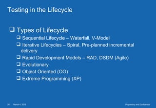 March 4, 201539 Proprietary and Confidential
Testing in the Lifecycle
 Types of Lifecycle
 Sequential Lifecycle – Waterfall, V-Model
 Iterative Lifecycles – Spiral, Pre-planned incremental
delivery
 Rapid Development Models – RAD, DSDM (Agile)
 Evolutionary
 Object Oriented (OO)
 Extreme Programming (XP)
 
