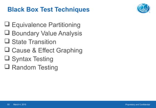 Proprietary and ConfidentialMarch 4, 201593
Black Box Test Techniques
 Equivalence Partitioning
 Boundary Value Analysis
 State Transition
 Cause & Effect Graphing
 Syntax Testing
 Random Testing
 