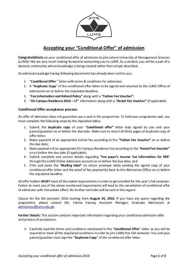 accepting your conditional offer of admission self grad acceptance of offer letter