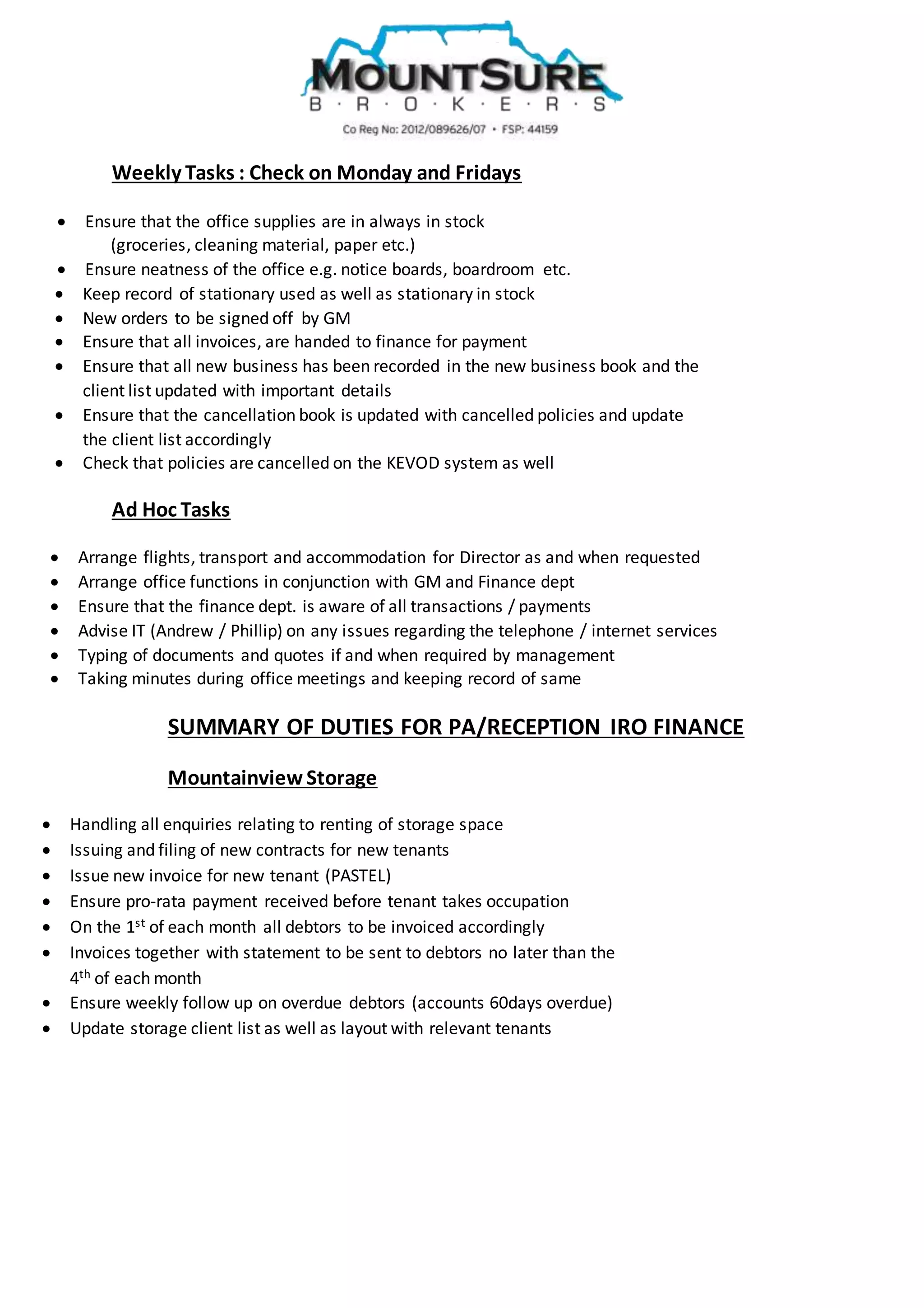Detailed Job Description of Charlain Coetzee
