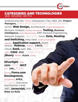 tekkfusion.com ● TEKK FUSION ● 6
CATEGORIES AND TECHNOLOGIES
WE WORK WITH
Intelligence, Data Warehousing, ERP, Network Engineering,
Network Support, Security, Voice, Data, Routing
and Switching, Help Desk, Hands-on break/fix
support, Application support, SOAP, ETL,
Oracle, Hadoop, Python, LINUX, C#,
Cloud, SaaS, IaaS, SQL, Director Level
J2EE, CSS3, MVC, Objective-C,
jQuery, MVVM, Azure, Entity
Framework,
Silverlight, SSIS,
SSRS, WPF, WCF,
C++, XML, Agile,
Scrum, Force.com
Development,
VisualForce, APEX,
C-Level, Executive
and Director Level,
.NET, Javascript, PHP,
Ruby on Rails
Android and iOS, HTML5, Sharepoint, Flex, DBA, BA, Project
Managers, Web and application development,
UI/UX, Web Design, Architecture, Project Management,
Business Analysis, Quality Assurance, Testing, Business
 
