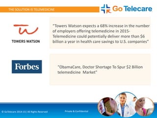 10© GoTelecare 2014-15| All Rights Reserved Private & Confidential
THE SOLUTION IS TELEMEDICINE
“Towers Watson expects a 68% increase in the number
of employers offering telemedicine in 2015-
Telemedicine could potentially deliver more than $6
billion a year in health care savings to U.S. companies”
"ObamaCare, Doctor Shortage To Spur $2 Billion
telemedicine Market"
 