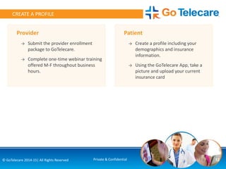 12© GoTelecare 2014-15| All Rights Reserved Private & Confidential
CREATE A PROFILE
Provider
→ Submit the provider enrollment
package to GoTelecare.
→ Complete one-time webinar training
offered M-F throughout business
hours.
Patient
→ Create a profile including your
demographics and insurance
information.
→ Using the GoTelecare App, take a
picture and upload your current
insurance card
 