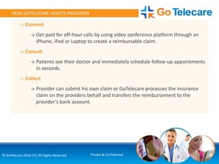 → Connect
→ Get paid for off-hour calls by using video conference platform through an
iPhone, iPad or Laptop to create a reimbursable claim.
→ Consult
→ Patients see their doctor and immediately schedule follow-up appointments
in seconds.
→ Collect
→ Provider can submit his own claim or GoTelecare processes the insurance
claim on the providers behalf and transfers the reimbursement to the
provider’s bank account.
20© GoTelecare 2014-15| All Rights Reserved Private & Confidential
HOW GOTELECARE ASSISTS PROVIDERS
 