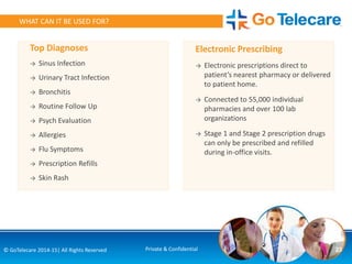 Top Diagnoses
→ Sinus Infection
→ Urinary Tract Infection
→ Bronchitis
→ Routine Follow Up
→ Psych Evaluation
→ Allergies
→ Flu Symptoms
→ Prescription Refills
→ Skin Rash
Electronic Prescribing
→ Electronic prescriptions direct to
patient’s nearest pharmacy or delivered
to patient home.
→ Connected to 55,000 individual
pharmacies and over 100 lab
organizations
→ Stage 1 and Stage 2 prescription drugs
can only be prescribed and refilled
during in-office visits.
23© GoTelecare 2014-15| All Rights Reserved Private & Confidential
WHAT CAN IT BE USED FOR?
 