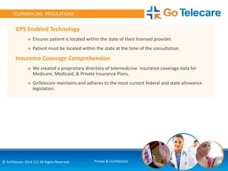 GPS Enabled Technology
→ Ensures patient is located within the state of their licensed provider.
→ Patient must be located within the state at the time of the consultation.
Insurance Coverage Comprehension
→ We created a proprietary directory of telemedicine insurance coverage data for
Medicare, Medicaid, & Private Insurance Plans.
→ GoTelecare maintains and adheres to the most current federal and state allowance
legislation.
29© GoTelecare 2014-15| All Rights Reserved Private & Confidential
TELEMEDICINE REGULATIONS
 