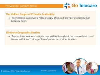 5© GoTelecare 2014-15| All Rights Reserved Private & Confidential
TELEMEDICINE IMPROVES ACCESS
The Hidden Supply of Provider Availability
→ Telemedicine can unveil a hidden supply of unused provider availability that
currently exists.
Eliminate Geographic Barriers
→ Telemedicine connects patients to providers throughout the state without travel
time or additional cost regardless of patient or provider location.
 