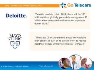 9© GoTelecare 2014-15| All Rights Reserved Private & Confidential
CMS TELEMEDICINE EXPANSION AUG 2014
“Deloitte predicts this in 2014, there will be 100
million eVisits globally, potentially savings over $5
billion when compared to the cost on in-person
doctor visits.”
“The Mayo Clinic announced a new telemedicine
pilot project as part of its overall effort to reduce
healthcare costs, with private kiosks – 10/3/14”
 
