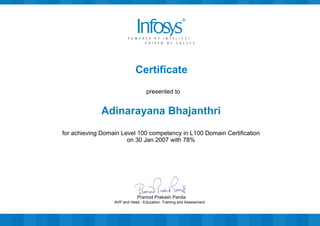 Certificate
presented to
Adinarayana Bhajanthri
for achieving Domain Level 100 competency in L100 Domain Certification
on 30 Jan 2007 with 78%
AVP and Head - Education, Training and Assessment
Pramod Prakash Panda
 