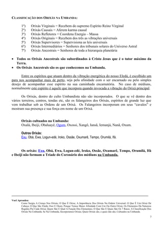 CLASSIFICAÇÃO DOS ORIXÁS NA UMBANDA:
1º) Orixás Virginais = Recebem do supremo Espírito Reino Virginal
2º) Orixás Causais = Aferem karma causal
3º) Orixás Refletores = Coordena Energia – Massa
4º) Orixás Originais = Recebem dos três as vibrações universais
5º) Orixás Supervisores = Supervisiona as leis universais
6º) Orixás Intermediários = Senhores dos tribunais solares do Universo Astral
7º) Orixás Ancestrais = Senhores de toda a hierarquia planetária
• Todos os Orixás Ancestrais são subordinados à Cristo Jesus que é o tutor máximo da
Terra.
• Os Orixás Ancestrais são os que conhecemos na Umbanda.
Entre os espíritos que atuam dentro da vibração energética do nosso Eledá, é escolhido um
para nos acompanhar mais de perto, seja pela afinidade com o ser encarnado ou pelo simples
desejo de acompanhar esse espírito na sua caminhada encarnatória. No caso de médiuns,
normalmente este espírito é aquele que incorpora quando invocada a vibração do Orixá principal.
Os Orixás, dentro do culto Umbandista não são incorporados. O que se vê dentro dos
vários terreiros, centros, tendas etc, são os falangeiros dos Orixás, espíritos de grande luz que
vem trabalhar sob as Ordens de um Orixá. Os Falangeiros incorporam em seus “cavalos” e
mostram sua presença e sua força em nome de um Orixá.
Orixás cultuados na Umbanda:
Oxalá, Ibeiji, Obaluayê, Ogum, Oxossi, Xangô, Iansã, Iemanjá, Nanã, Oxum.
Outros Orixás:
Exu, Obá, Ewa, Logun-edé, Iroko, Ossãe, Oxumarê, Tempo, Orumilá, Ifá.
Os orixás: Exu, Obá, Ewa, Logun-edé, Iroko, Ossãe, Oxumarê, Tempo, Orumilá, Ifá
e Ibeiji não formam a Tríade do Coronário dos médiuns na Umbanda.
Você Aprendeu:
Como Surgiu A Crença Nos Orixás; O Que É Orixa; A Importãncia Dos Orixás Na Ordem Universal; O Que É Um Orixá De
Cabeça; O Que São Eledá, Ossi E Otum; Porque Temos Maior Afinidade Com Um Ou Outro Orixá; Os Elementos Da Natureza
Regidos Por Cada Orixá; Quem São E Qual A Função Dos Elementais; O Que São E Quais São Os 7 Raios; A Classificação Dos
Orixás Na Umbanda; Se Na Umbanda, Incorporamos Orixás; Quais Orixás são, e quais não são, Cultuados na Umbanda.
7
 