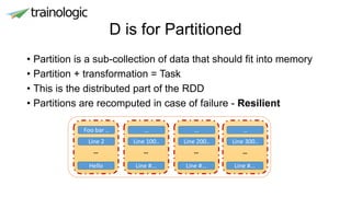 D is for Partitioned
• Partition is a sub-collection of data that should fit into memory
• Partition + transformation = Task
• This is the distributed part of the RDD
• Partitions are recomputed in case of failure - Resilient
Foo bar ..
Line 2
Hello
…
…
Line 100..
Line #...
…
…
Line 200..
Line #...
…
…
Line 300..
Line #...
…
 