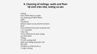 Ceiling
from HEPA filters to walls
dry cleaning of HEPA filters
walls
Top-down
Smears wipe out by alcohol solution
floor
From farthermost point towards exit
1 or 2 buckets
Trần nhà
Từ lọc HEPA tới các bức tường
Lọc khô HEPA
Tường
Từ trên xuống dưới
Quét sạch bằng dung dịch cồn
Sàn nhà
Từ điểm xa nhất tới lối ra
1 hoặc 2 thùng
8. Cleaning of ceilings, walls and floor
Vệ sinh trần nhà, tường và sàn
 