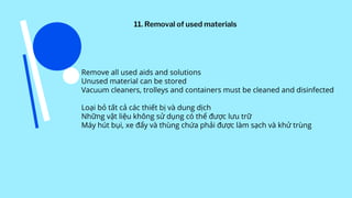 Remove all used aids and solutions
Unused material can be stored
Vacuum cleaners, trolleys and containers must be cleaned and disinfected
Loại bỏ tất cả các thiết bị và dung dịch
Những vật liệu không sử dụng có thể được lưu trữ
Máy hút bụi, xe đẩy và thùng chứa phải được làm sạch và khử trùng
11. Removal of used materials
 