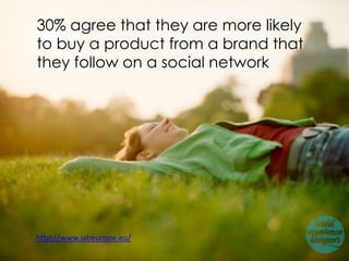 30% agree that they are more likely
to buy a product from a brand that
they follow on a social network




http://www.iabeurope.eu/
 