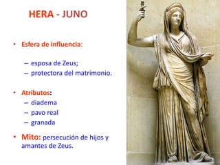 HERA  - JUNO Esfera de influencia : esposa de Zeus;  protectora del matrimonio. Atributos : diadema pavo real granada Mito:   persecución de hijos y amantes de Zeus.  