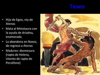 Teseo Hijo de Egeo, rey de Atenas Mata al Minotauro con la ayuda de Ariadna, enamorada. La abandona en Naxos, de regreso a Atenas Madurez: desmesura (rapto de Helena, intento de rapto de Perséfone) 