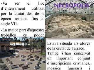 -Va ser el lloc
d’enterrament utilitzat
per la ciutat des de la
època romana fins al
segle VII.
-La major part d'aquestes
troballes es poden
contemplar al Museu
arqueològic de
Tarragona.
Estava situada als afores
de la ciutat de Tarraco.
També s’han conservat
un important conjunt
d’inscripcions cristianes,
mosaics funeraris i
 