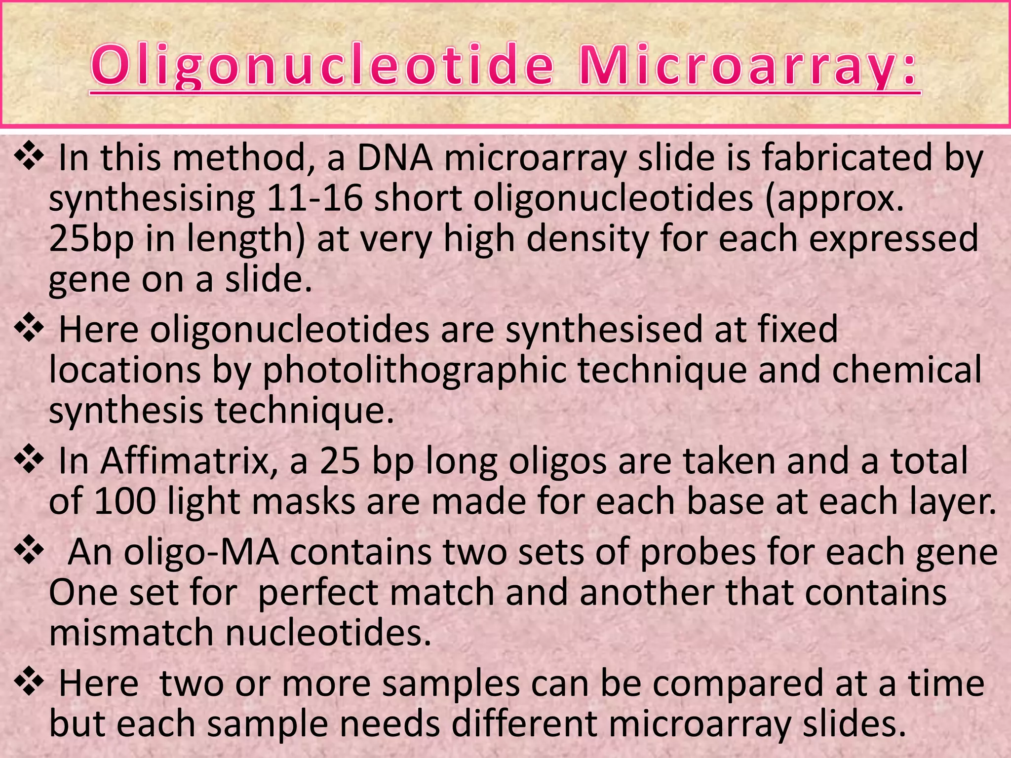 In this method, a DNA microarray slide is fabricated by
synthesising 11-16 short oligonucleotides (approx.
25bp in length) at very high density for each expressed
gene on a slide.
 Here oligonucleotides are synthesised at fixed
locations by photolithographic technique and chemical
synthesis technique.
 In Affimatrix, a 25 bp long oligos are taken and a total
of 100 light masks are made for each base at each layer.
 An oligo-MA contains two sets of probes for each gene
One set for perfect match and another that contains
mismatch nucleotides.
 Here two or more samples can be compared at a time
but each sample needs different microarray slides.
 