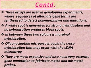  These arrays are used in genotyping experiments,
where sequences of alternate gene forms are
synthesised to detect polymorphisms and mutations.
 A white spot is generated for strong hybridisation and
no hybridisation produces black spots.
 In between these two colours is marginal
hybridisation.
 Oligonucleotide microarrays avoid the cross-
hybridisation that may occur with the cDNA
microarray.
 They are much expensive and also need very accurate
gene annotation to fabricate match and mismatch
probes.
 