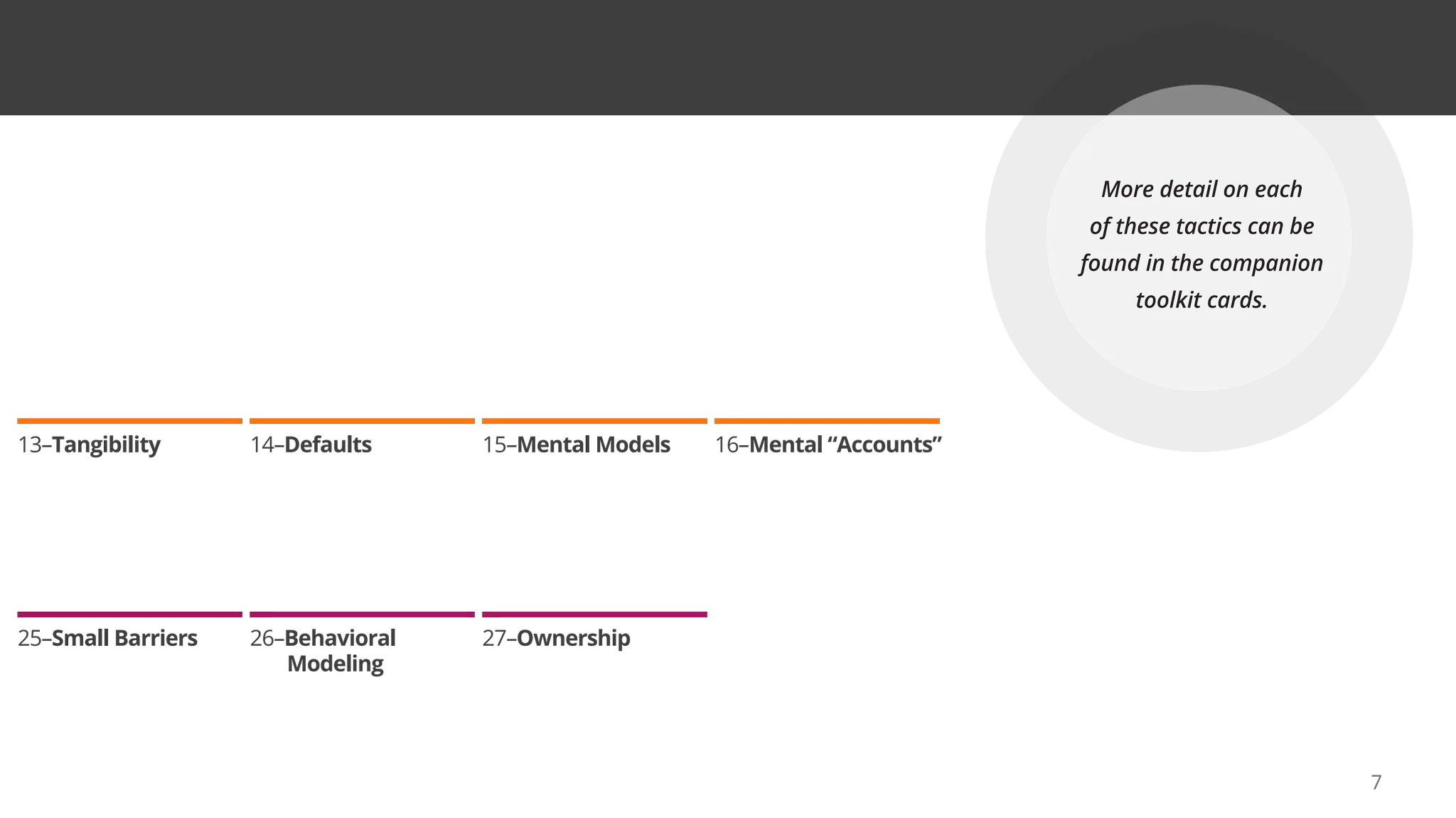 25–Small Barriers 27–Ownership
26–Behavioral
Modeling
13–Tangibility 15–Mental Models
14–Defaults 16–Mental “Accounts”
7
More detail on each
of these tactics can be
found in the companion
toolkit cards.
 
