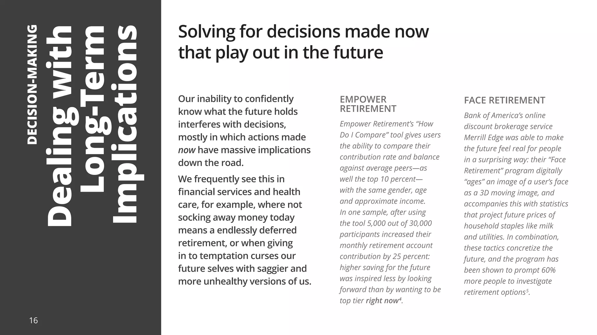 12
FACE RETIREMENT
Bank of America’s online
discount brokerage service
Merrill Edge was able to make
the future feel real for people
in a surprising way: their “Face
Retirement” program digitally
“ages” an image of a user’s face
as a 3D moving image, and
accompanies this with statistics
that project future prices of
household staples like milk
and utilities. In combination,
these tactics concretize the
future, and the program has
been shown to prompt 60%
more people to investigate
retirement options5
.
Dealing
with
Long-Term
Implications
DECISION-MAKING
Our inability to confidently
know what the future holds
interferes with decisions,
mostly in which actions made
now have massive implications
down the road.
We frequently see this in
financial services and health
care, for example, where not
socking away money today
means a endlessly deferred
retirement, or when giving
in to temptation curses our
future selves with saggier and
more unhealthy versions of us.
Solving for decisions made now
that play out in the future
EMPOWER
RETIREMENT
Empower Retirement’s “How
Do I Compare” tool gives users
the ability to compare their
contribution rate and balance
against average peers—as
well the top 10 percent—
with the same gender, age
and approximate income.
In one sample, after using
the tool 5,000 out of 30,000
participants increased their
monthly retirement account
contribution by 25 percent:
higher saving for the future
was inspired less by looking
forward than by wanting to be
top tier right now4
.
16
 