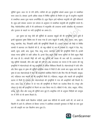 ewfrZ;k¡ ewyr% yky jax ls jaxh gksaxhA ukfj;ksa dh bu e`.ewfrZ;ksa dks/keZ vFkok iwtu ls lEcfU/kr
ekuk tkrk gSA laHkor% bruh vf/kd la[;k esa fufeZr ewfrZ;ksa ds fuekZ.k ds ewy esa rR;qxhu ekr`nsoh
ls lEcfU/kr vFkok iwtk egÙkk vUrfuZfgr gSA dqN fo}ku bUgsa eghekrk ekr`nsoh dh ewfrZ Lohdkjrs
gSaA dqN bUgsa laHkor% çtuu ,oa moZjrk ds vuq"Bku ls lEcfU/kr ekr`nsoh dh e`.ewfrZ;k¡ ekurs gSaA
felz] eslksiksVkfe;k vkfn esa Hkh çkphudky esa ekr`'kfä dh mikluk dkQh yksdfç; Fkh jktLFkku
vkSj xqtjkr ds LFkyksa ij ukjh e`.ewfrZ;ksa dk vHkko gSA
bu iq:’k ,oa ekr` nsoh dh ewfrZ;ksa ds vkykok i”kqvksa dh Hkh e`.ewfrZ;k¡ izkIr gq;h gS
buesa dwcM+nkj o`’kHk fo”ks’k :i esa ik;k x;k gS vU; i”kqvksa esa gkFkh] xSaMk] cUnj] ck?k] lqvj]
Hkkyw] [kjxks”k] HksM+] fxygjh vkfn dh e`.ewfrZ;k¡ feyrh gSA gM+Iik lH;rk dh feêh ls fufeZr
lkexzh esa ç/kkurk mu f[kykSuksa dh gS] tks i'kq&if{k;ksa ds :i esa miyC/k gSaA i'kqvksa esa cSy] HksM+]
cdjh] dqÙkk] gkFkh] ck?k] lqvj] xSaMk] Hkkyw] cUnj] [kjxks'k] vkfn dh e`.ewfrZ;k¡ feyh gSaA budh
la[;k ekuo ewfrZ;ksa ls dgha vf/kd gSaA buds fy, ç;qä feêh ekuo ewfrZ;ksa ds fy;s ç;qä feêh
dh rjg gh gSA dkspyh feêh dh cuh i'kq ewfrZ;ksa dh la[;k Hkh de ugha gSaA vYila[;k esa
i'kq&ewfrZ;k¡ lsy[kM+h] lhi vkSj gìh dh cuh gSaA MkW0 FkiY;ky dk ekuuk gS fd gM+Iik dh i'kq
e`.ewfrZ;ksa esa eksgutksnM+ks dh i'kq e`.ewfrZ;ksa ls vf/kd fofo/krk feyrh gSA eksgutksnM+ksa esa NksVs lhax
vkSj fcuk dwcM+ ds o`"kHk dh ewfrZ;k¡ lokZf/kd la[;k esa feyh gSa vkSj mlds ckn dwcM+ okys cSy dh
o`"kHk ds ckn eksgutksnM+ks esa esM+ksa dh vkd`fr;k¡ lokZf/kd feyh gSa vkSj fQj xSaMs dh fxygjh] dNqvk]
liZ] ?kfM+;ky rFkk eNyh dh Hkh e`.ewfrZ;k¡ feyh gSaA xfM+;ky] dNqvk vkSj eNyh dh e`.kewfrZ;ksa
gM+Iik ls feyh gSaA gM+Iik vkSj eksgutksnM+ks dh e`.ewfrZ;ksa esa xk; dh vkd`fr;k¡ ugha feyrh gSaA
,lå vkjå jk; us yksFky ls nks xk; dh e`.ewfrZ;ksa ds feyus dk mYys[k fd;k gSA jaxiqj vkSj
yksFky ls ?kksM+s dh e`.ewfrZ;ksa ds feyus dk nkok fd;k x;k gSA if{k;ksa esa eksj] rksrk] dcwrj] xkSjS;k]
cÙk[k] eqxkZ] phy vkSj mYyw dh ewfrZ;k¡ çkIr gqbZ gSaA çkd`frd jaxksa ds vuq:i fpfM+;ksa dks mi;qä
jax esa jaxus ds Hkh çek.k feyrs gSaA
Bksl ifg;ksa okyh f[kykSuk xkfM+;k¡] bDds rFkk lhfV;k¡ Hkh cuk;h tkrh Fkha] tks cPpksa ds
f[kykSus esa vkrs gSaA gfj;k.kk ds fglkj tuin esa vofLFkr cukoyh iqjkLFky ls feêh dk cuk gqvk
gYk dh vkd`fr dk ,d f[kykSuk çkIr gqvk gSA
 