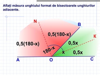Aflaţi măsura unghiului format de bisectoarele unghiurilor
adiacente.
В
хх
А О
К
N
С
180-х
180-х
0,5х0,5х
0,5х0,5х
0,5(180-х)0,5(180-х)
0,5(180-х)0,5(180-х)
 