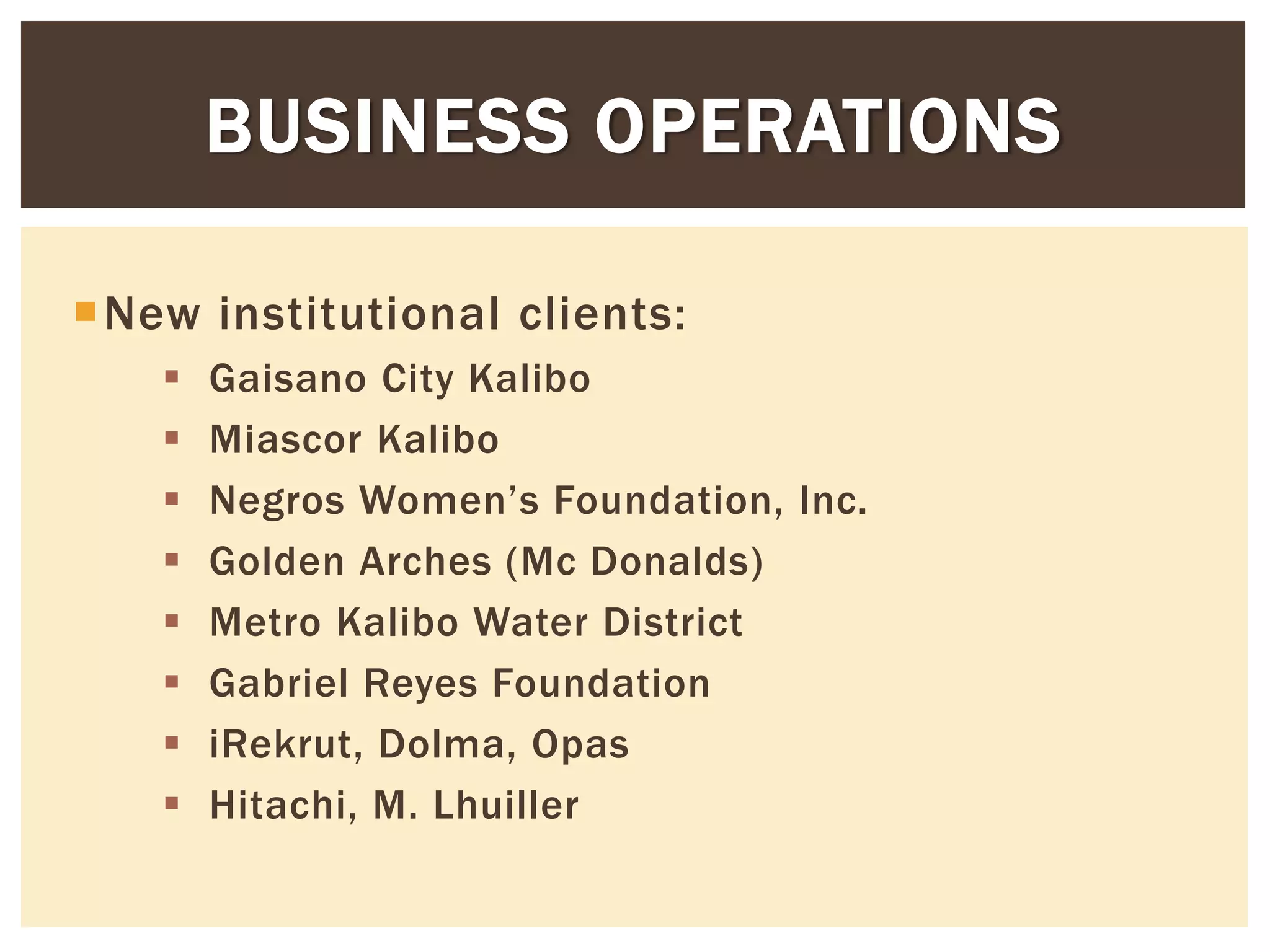 New institutional clients:
 Gaisano City Kalibo
 Miascor Kalibo
 Negros Women’s Foundation, Inc.
 Golden Arches (Mc Donalds)
 Metro Kalibo Water District
 Gabriel Reyes Foundation
 iRekrut, Dolma, Opas
 Hitachi, M. Lhuiller
BUSINESS OPERATIONS
 