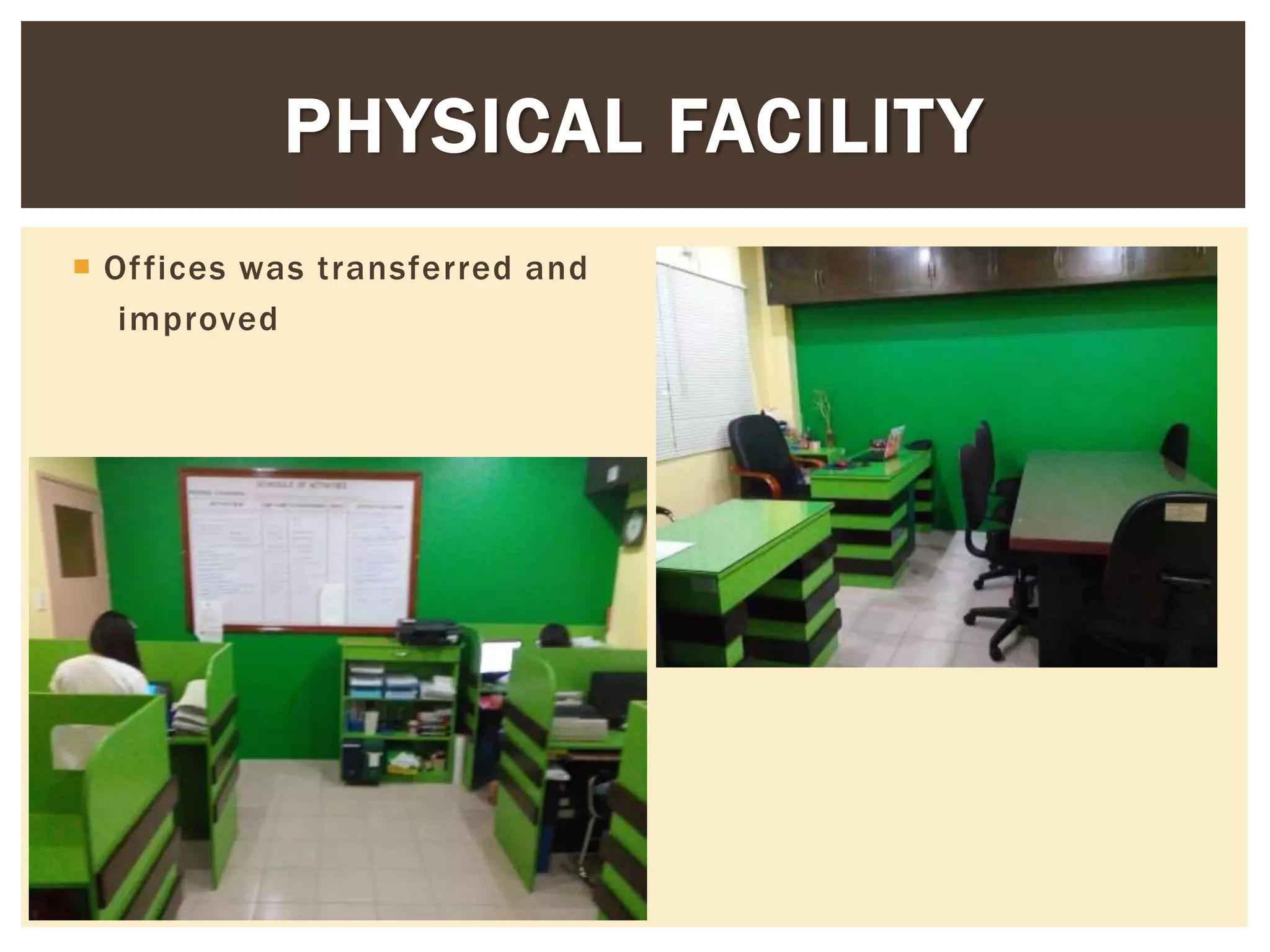  Offices was transferred and
improved
PHYSICAL FACILITY
 