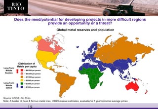 18
Long Term
Metals
Surplus
Long Term
Metals
Deficit
Does the need/potential for developing projects in more difficult regions
provide an opportunity or a threat?
Global metal reserves and population
Source: USGS, Rio Tinto
Note: A basket of base & ferrous metal ores, USGS reserve estimates, evaluated at 5 year historical average prices
> $60 000 per person
> $20 000 per person
> $10 000 per person
> $5 000 per person
> $2 000 per person
> $1 000 per person
Distribution of
Metals per capita
 